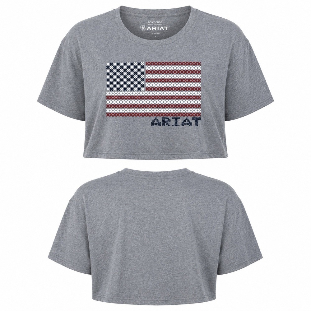 NEW Ariat Women’s L Boxy Crop USA Flag Graphic T-Shirt Heather Gray Patriotic